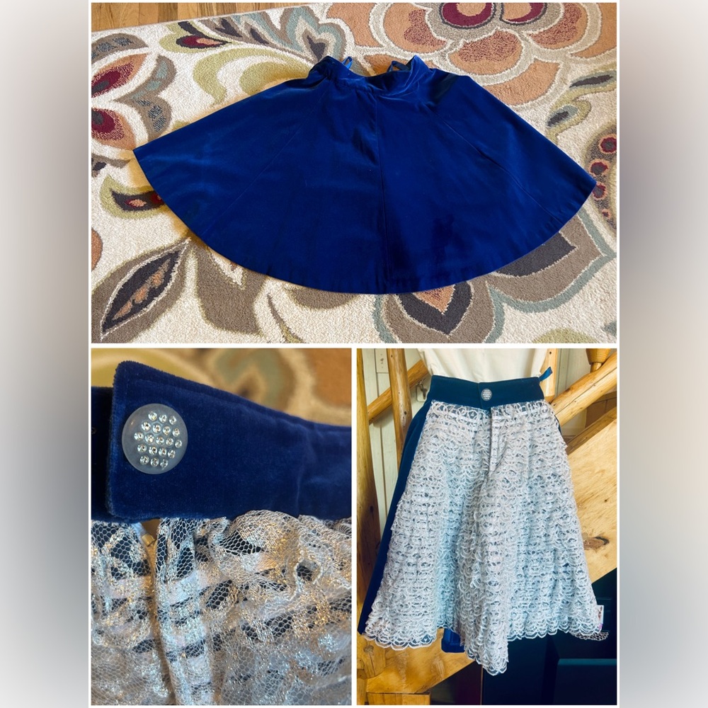 Vintage Handmade Blue Velvet with Silver Lace Ruffles Circle Skirt Holidays